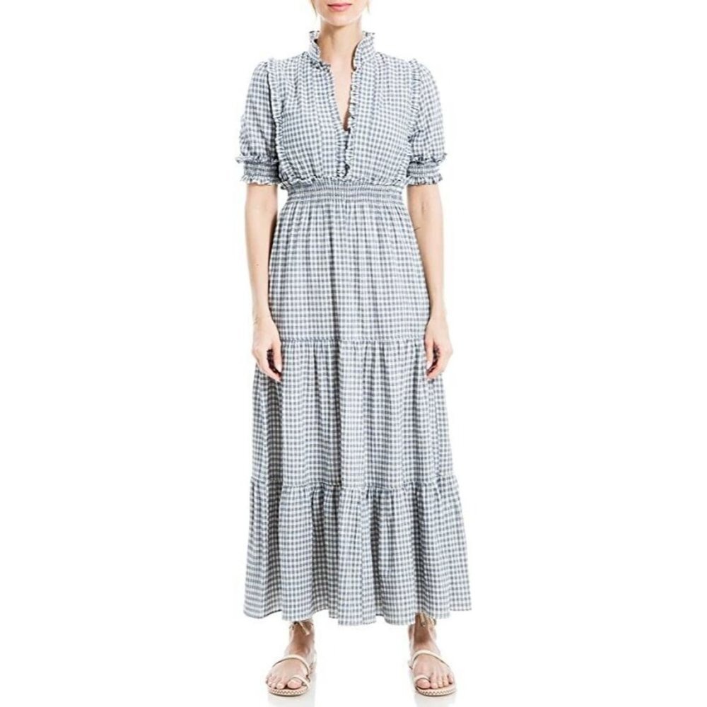 Max Studio‎ Womens Plaid Smocked Tiered Maxi Dress Blue White Size Small New